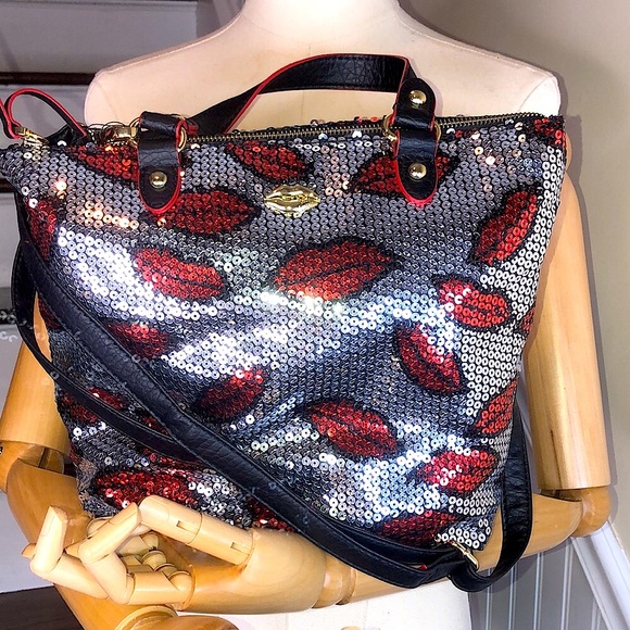 JUICY COUTURE Red Lipstick Kiss Lips Sequin Top Zip Crossbody Shoulder Bag NWT - Picture 7 of 17